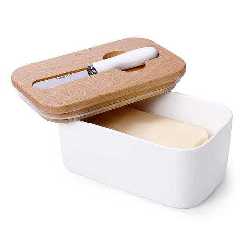 Sweese 324.101 Large Butter Dish with Knife - Airtight Butter Keeper Holds Up to 2 Sticks of Butter - Porcelain Container with Beech Wooden Lid, White