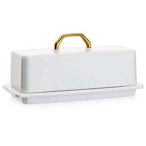 Sweese 327.101 Butter Dish with Lid for Countertop - Butter Dish with Gold Handle, Butter Dishes with Covers for 4oz East West Coast Butter - Dishwasher Safe, White